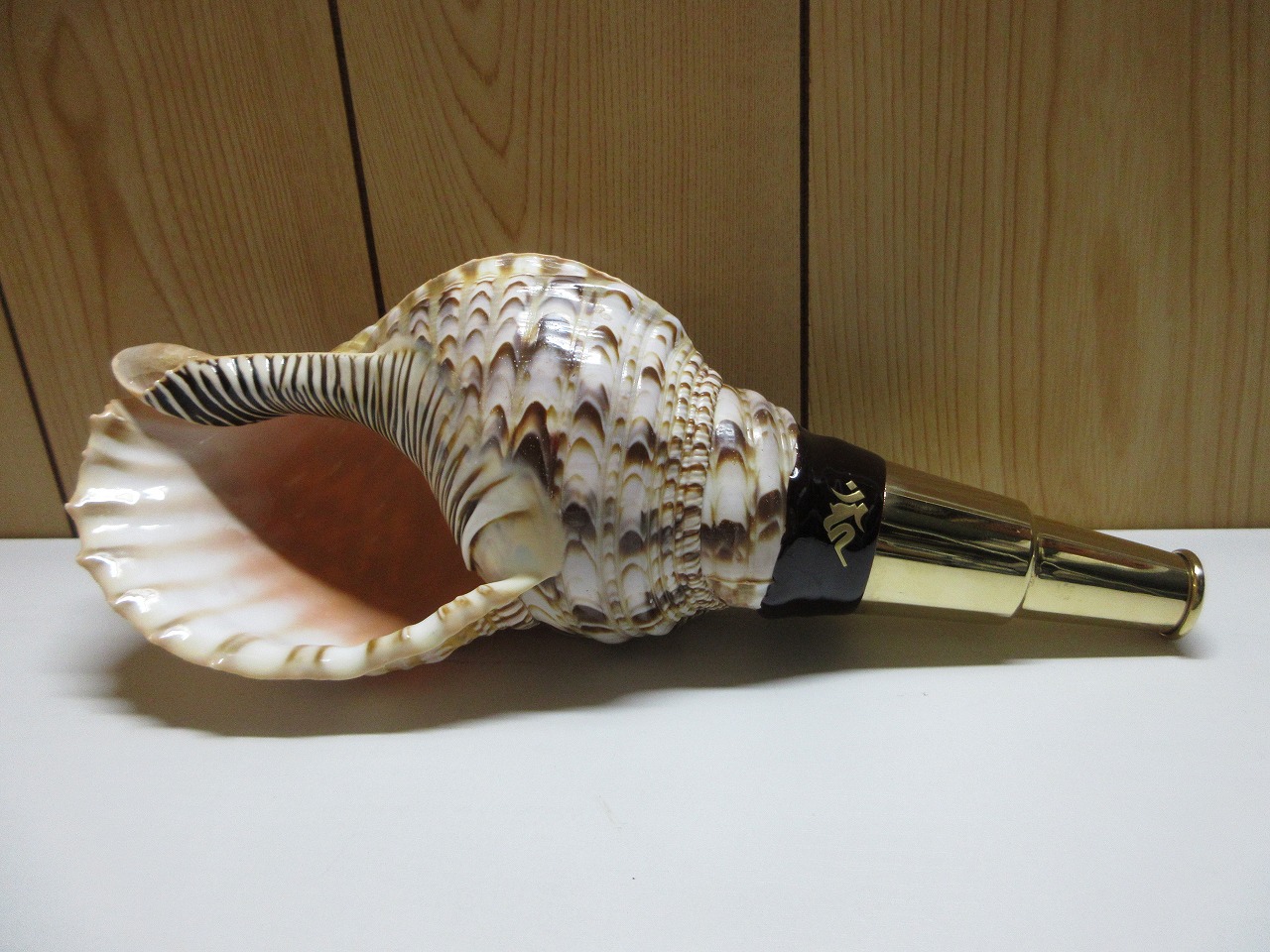 最高級　山伏修験法螺貝　黄金の吹口雅　不動明王梵字入